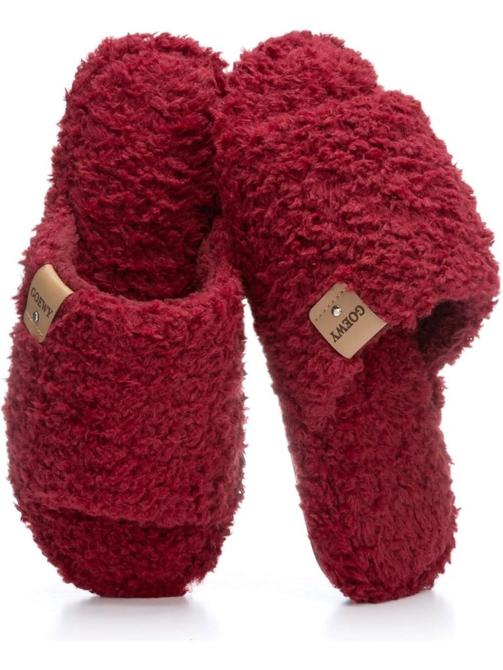 Women's Wine Red Memory Foam Open Toe Soft Faux Fur Non Slip Washable Slippers